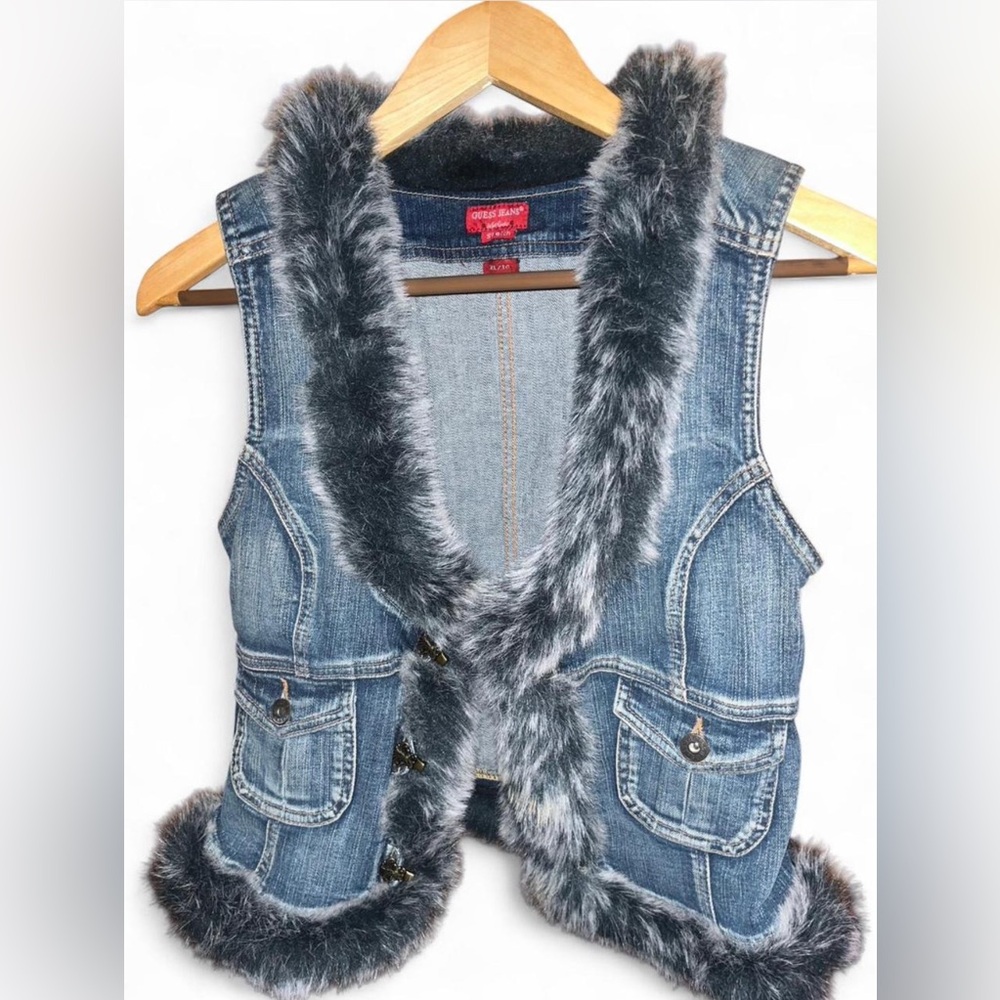 Guess Blue Denim Vest with Gray Faux Fur